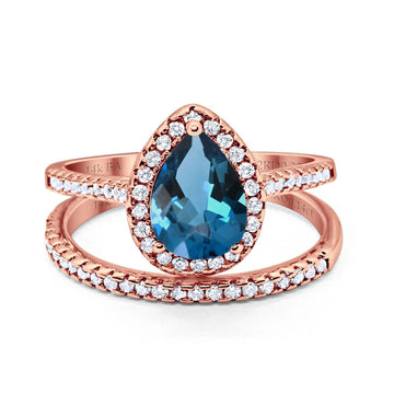 14K Rose Gold 1.62ct Pear 8mmx6mm G SI London Blue Topaz Diamond Bridal Engagement Wedding Ring Size 6.5